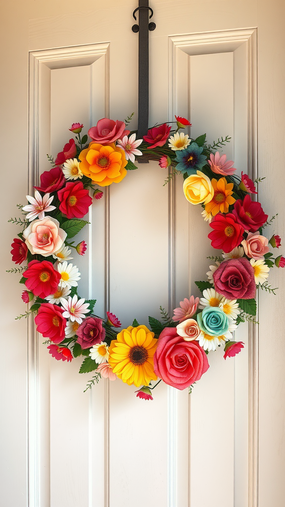 A colorful fabric flower wreath featuring roses, daisies, and a sunflower, hanging on a door.