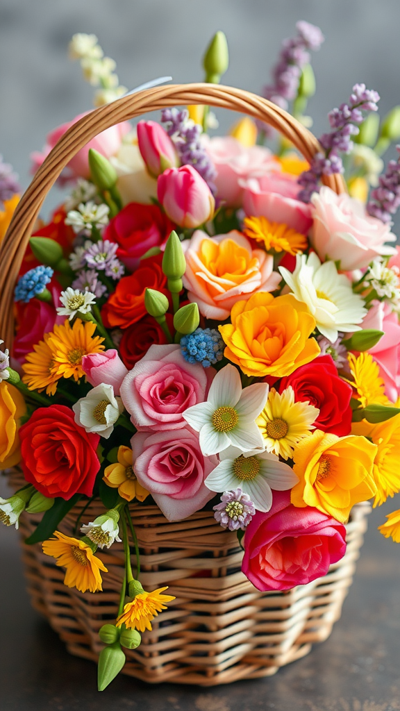 A basket filled with colorful spring flowers including roses, tulips, and daisies. Valentijn bloemstukken