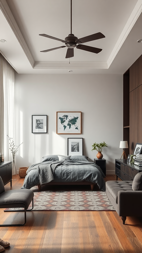 A cozy bedroom featuring a mix of modern and traditional decor.