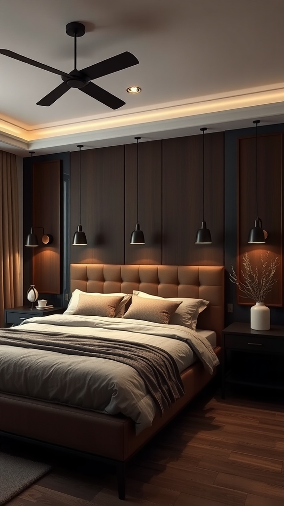 A contemporary bedroom with chocolate brown tones and stylish lighting fixtures.