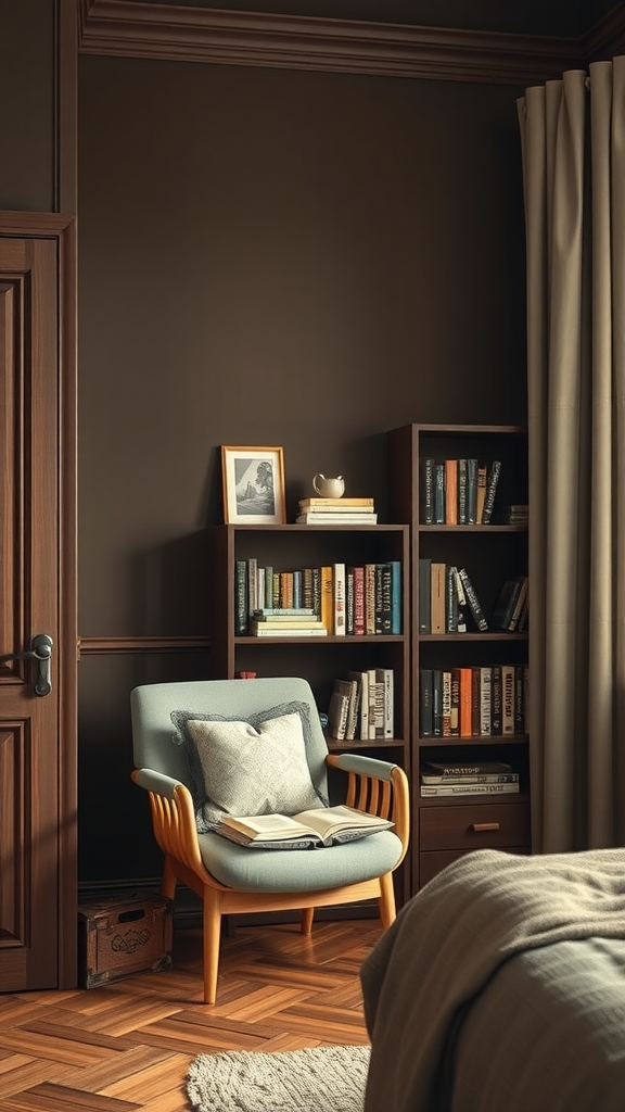 Cozy reading nook in a brown bedroom with a comfortable chair and bookshelf.