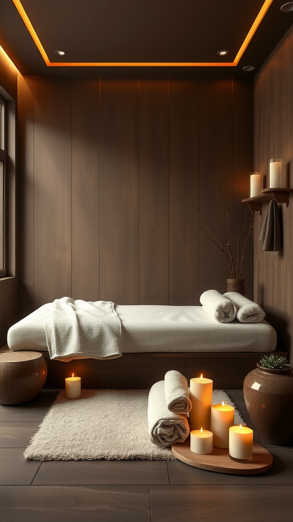 Cozy spa-like bedroom with warm brown tones and candles