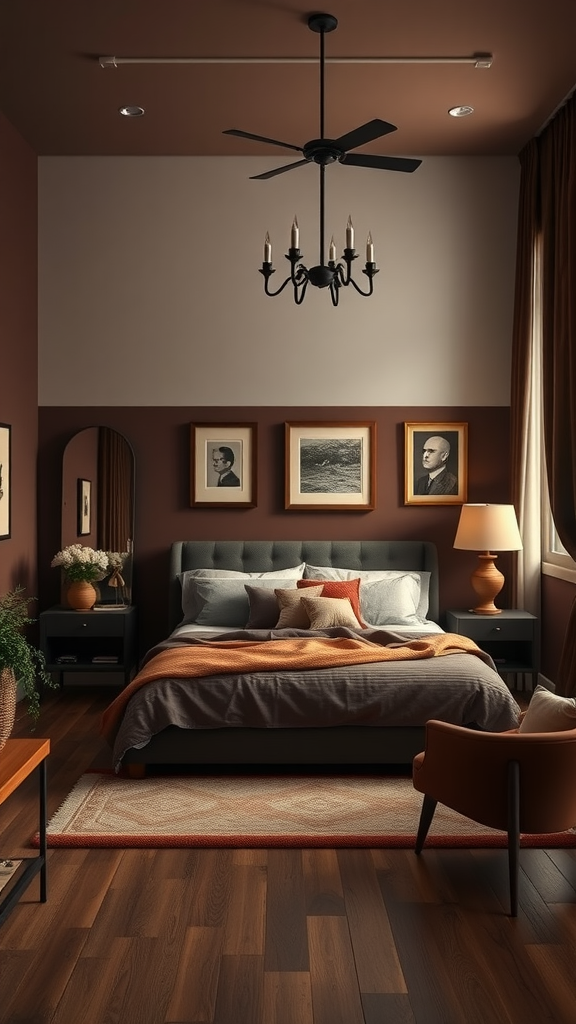 A beautifully decorated bedroom with chocolate brown walls, stylish furniture, and warm lighting.