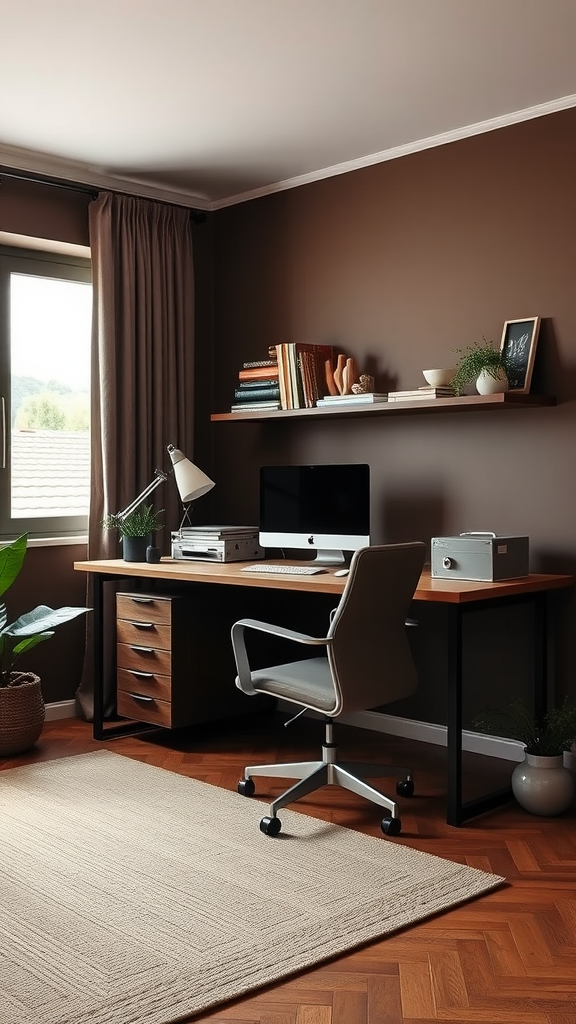 A cozy work-from-home corner in a chocolade bruine slaapkamer with a desk, chair, and plants.