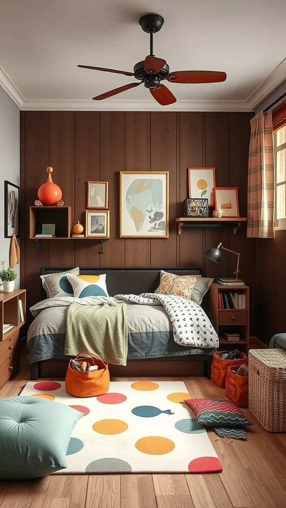 Cozy kids room with chocolate brown walls and colorful decor.