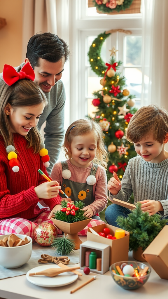 Gezin knutselend aan kerstdecoraties met vrolijke kleuren en materialen.