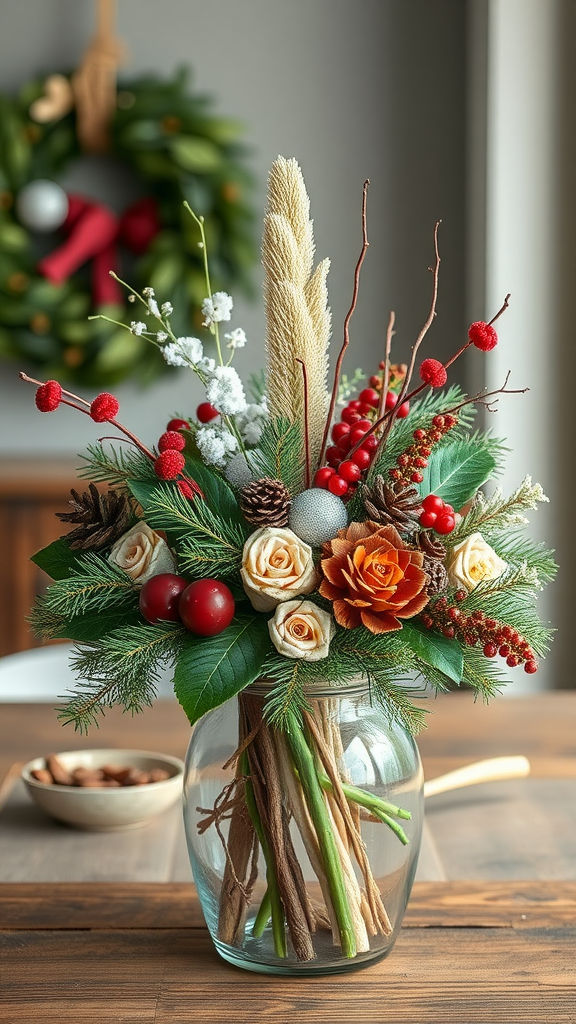 Sfeervolle kerstdecoratie met hergebruikte materialen in een vaas