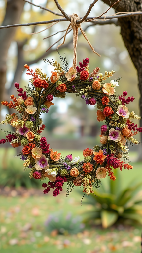 A vibrant eco-friendly wreath made of dried flowers hanging from a tree branch. Voorjaars Krans 