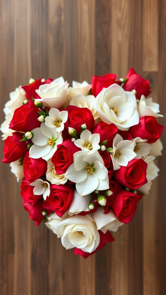 A heart-shaped floral arrangement with red roses and white flowers. Valentijn bloemstukken