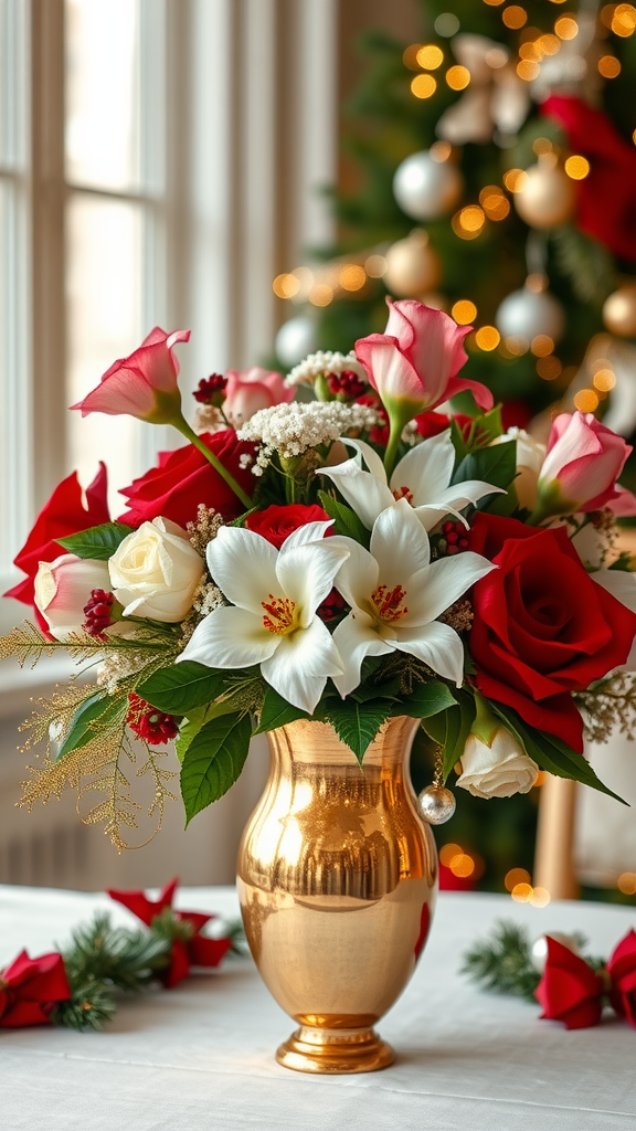 Beautiful Christmas flowers in a golden vase. Kerst Pronkstukken in Vazen