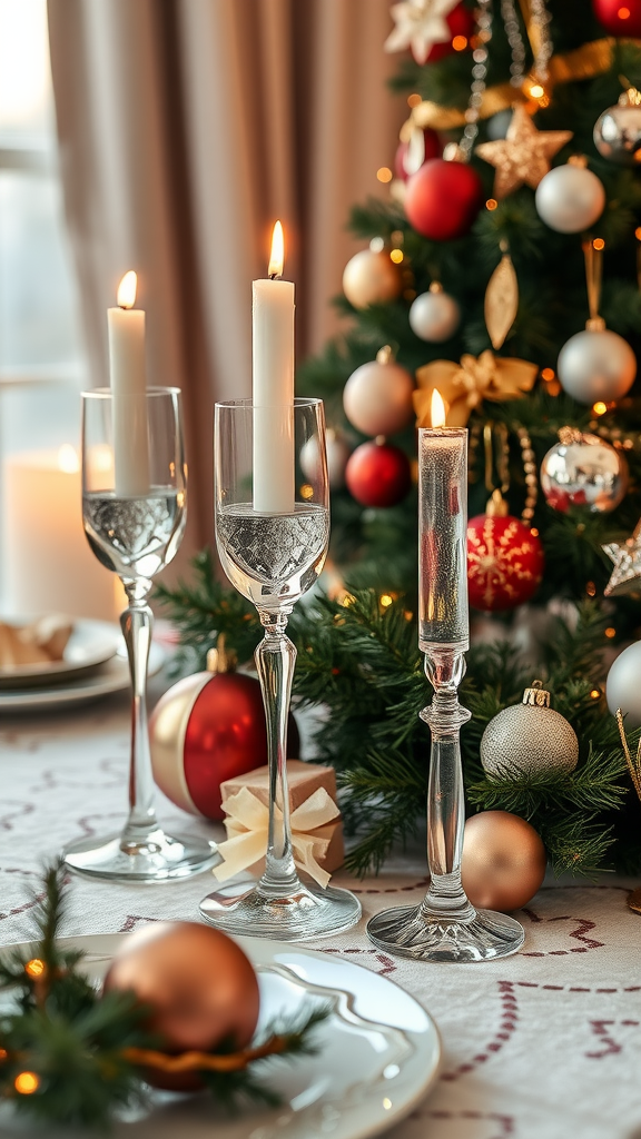 Elegant versierde tafel met kaarsen en kerstversiering.