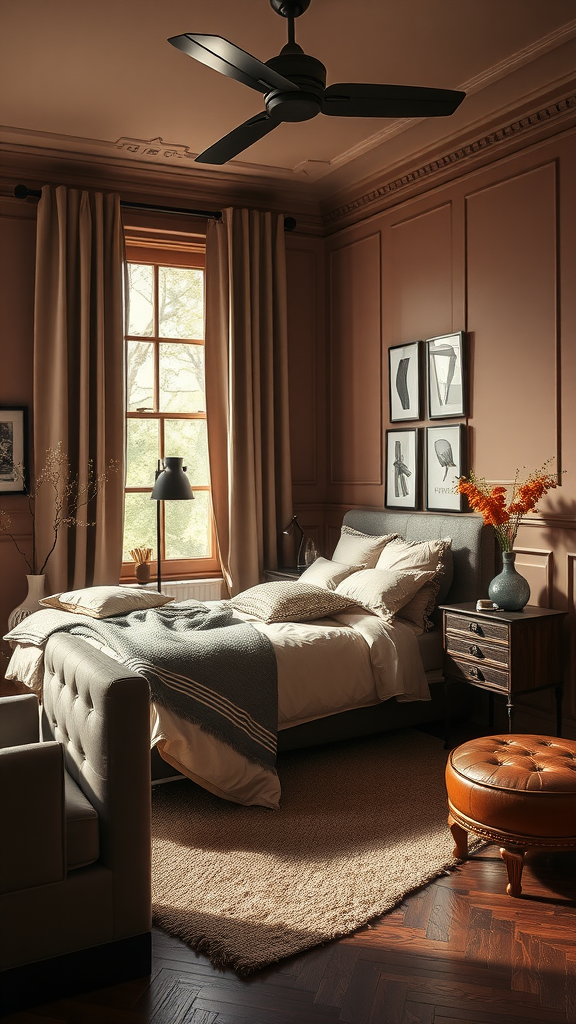 A warm and inviting brown bedroom featuring a comfortable bed, decorative pillows, and stylish furnishings.