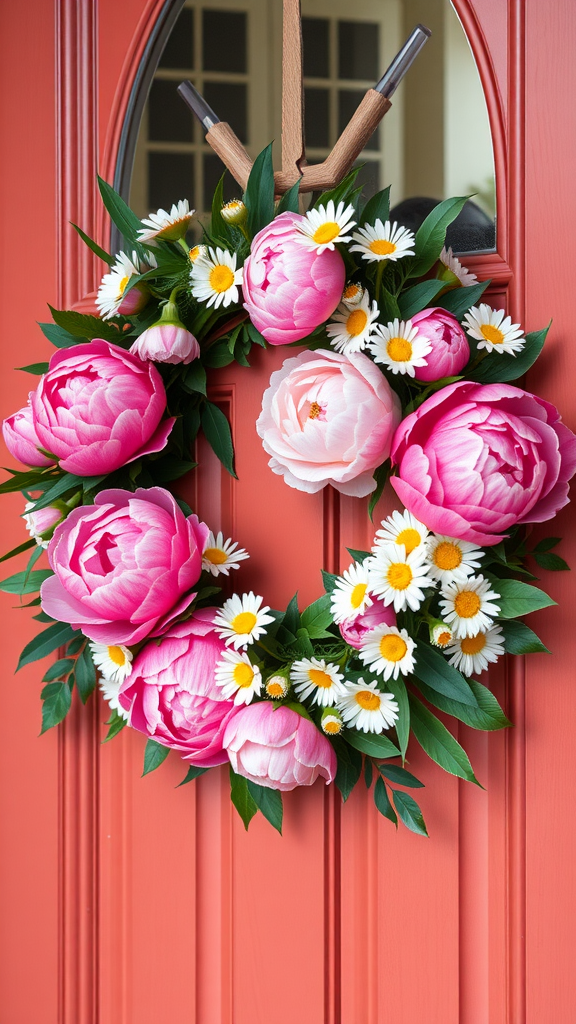 A vibrant wreath of pink peonies and white daisies on a coral door