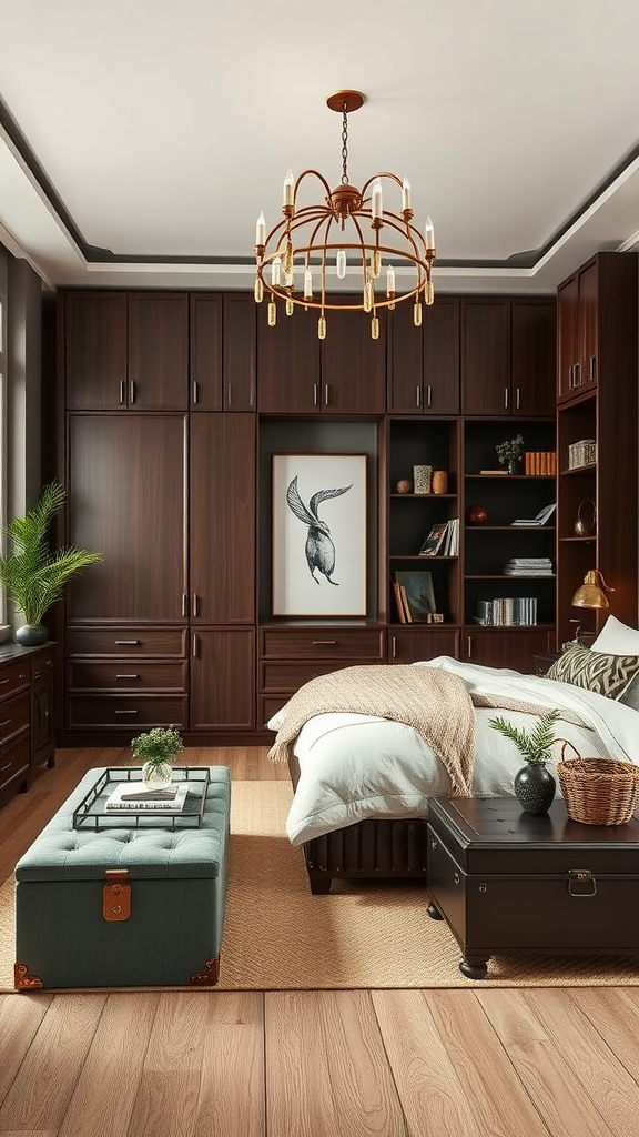 A well-designed dark bedroom featuring functional storage solutions.