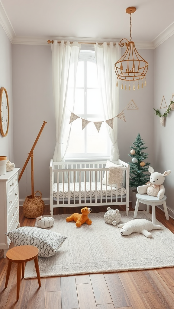 A beautifully arranged baby room with a crib, soft toys, and storage solutions.