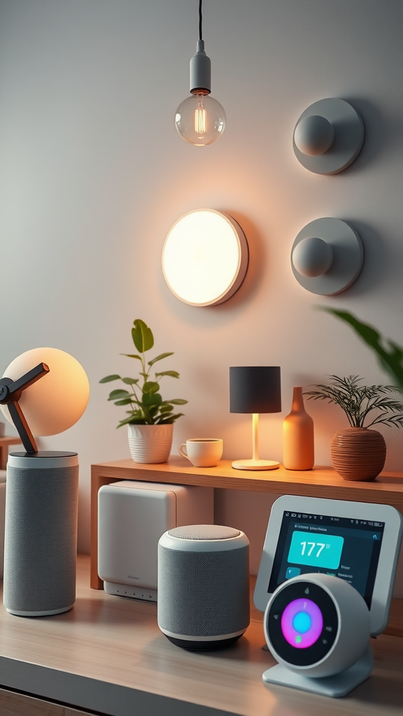 Moderne gadgets voor thuis met slimme speakers, lampen en een touchscreen.