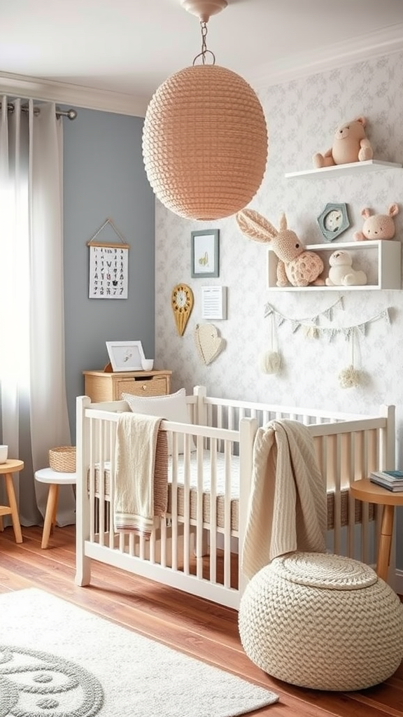 Een liefdevol ingericht babykamer met een bedje, poef en mooie wanddecoratie.