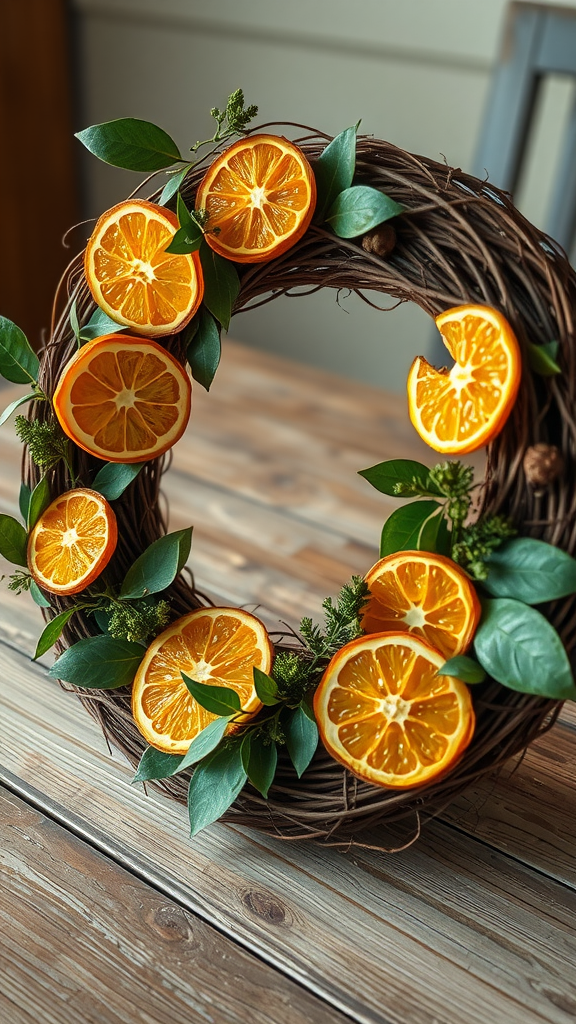 A grapevine wreath decorated with orange slices and green leaves.