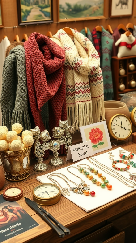 A display of handmade scarves and jewelry in a cozy shop