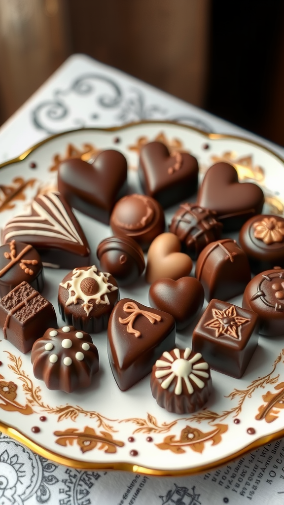 Een bord met handgemaakte chocolade in verschillende creatieve vormen zoals hartjes en cadeaus.