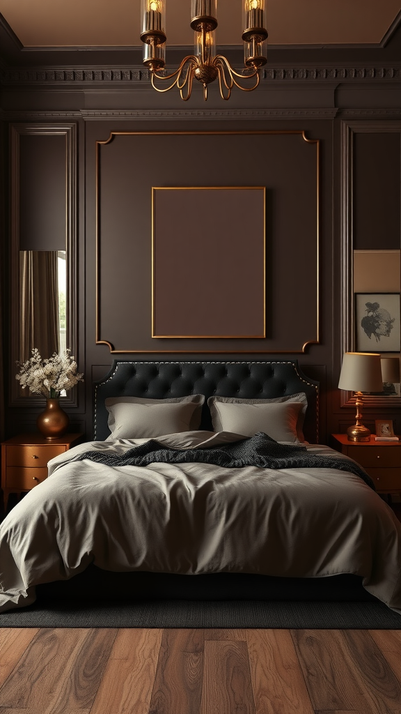 A stylish bedroom featuring chocolate brown walls, a plush bed, and metallic accents.