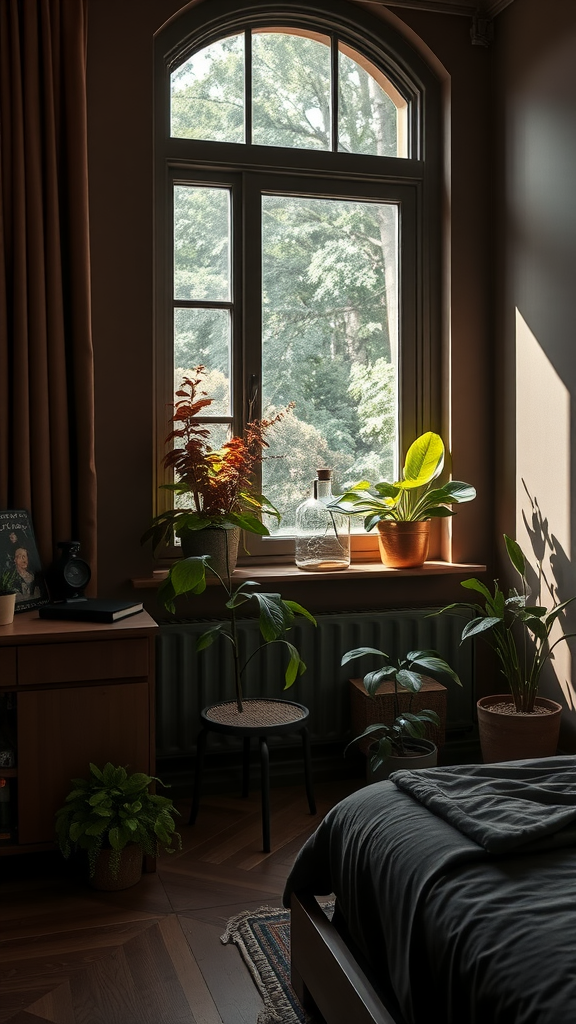 A cozy brown bedroom with plants by the window. Chocolade Bruine Slaapkamer