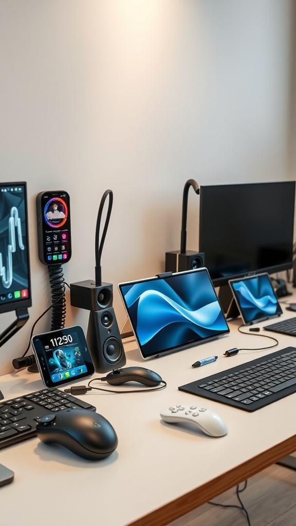 Een moderne werkplek met verschillende technologische gadgets, waaronder monitors, telefoons en accessoires.