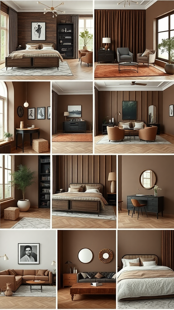 A stylish chocolate brown bedroom with various decor ideas.