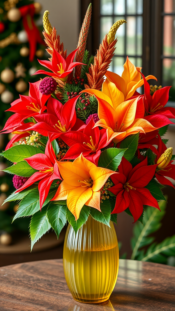 Een kleurrijke bloemenarrangement met kerststerren en tropische bloemen in een vaas.