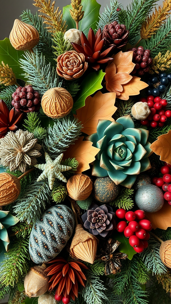 Kerststuk met diverse aardse kleuren en texturen, waaronder dennenappels en succulenten.