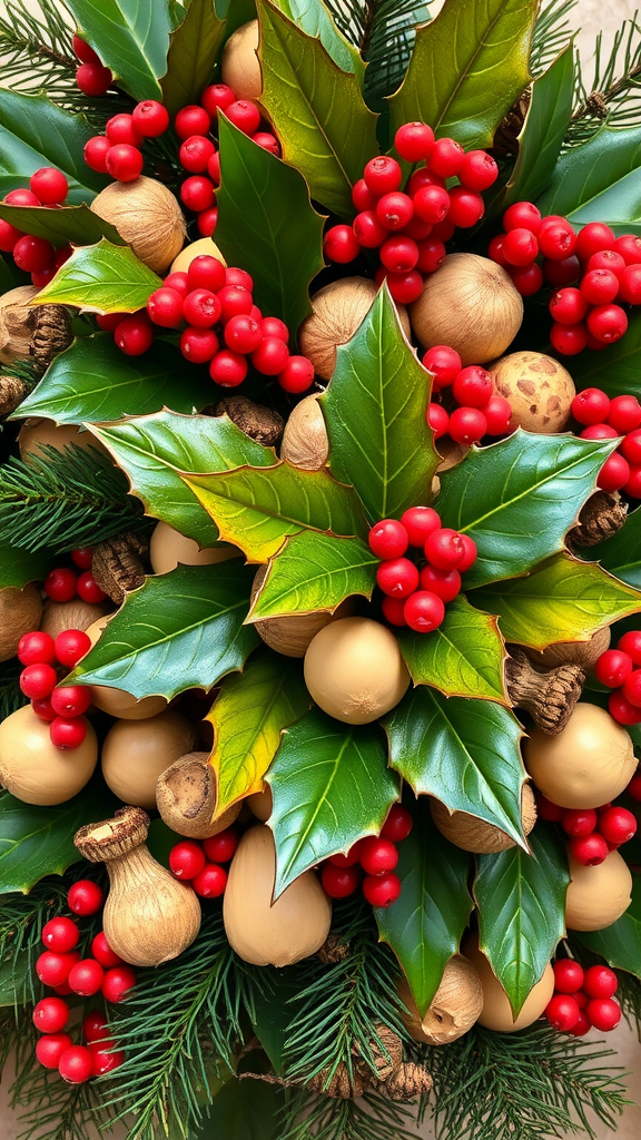 Kerststuk met bessen, noten en groene bladeren.