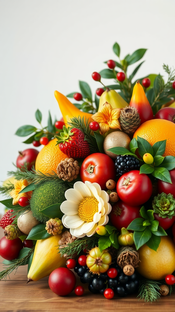 Kerststuk met een kleurrijke mix van fruit, groenten en decoratieve elementen. Kerst pronkstukken