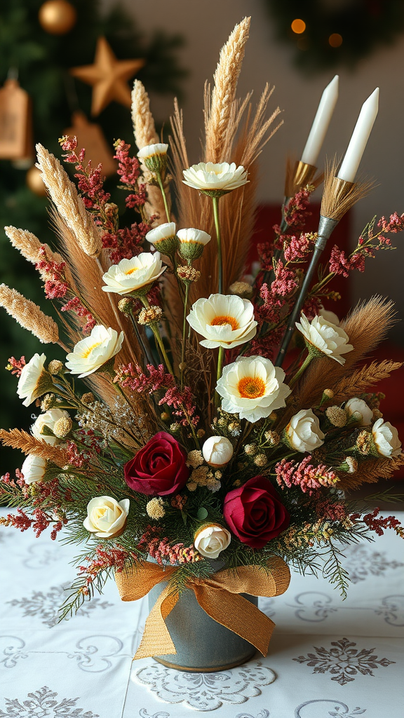 Kerststuk met gedroogde bloemen, inclusief rozen en kaarsen.