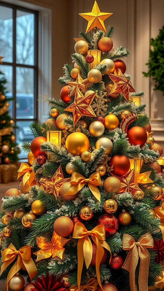 Kerstboom met gouden en rode ornamenten, sterren en strikjes.