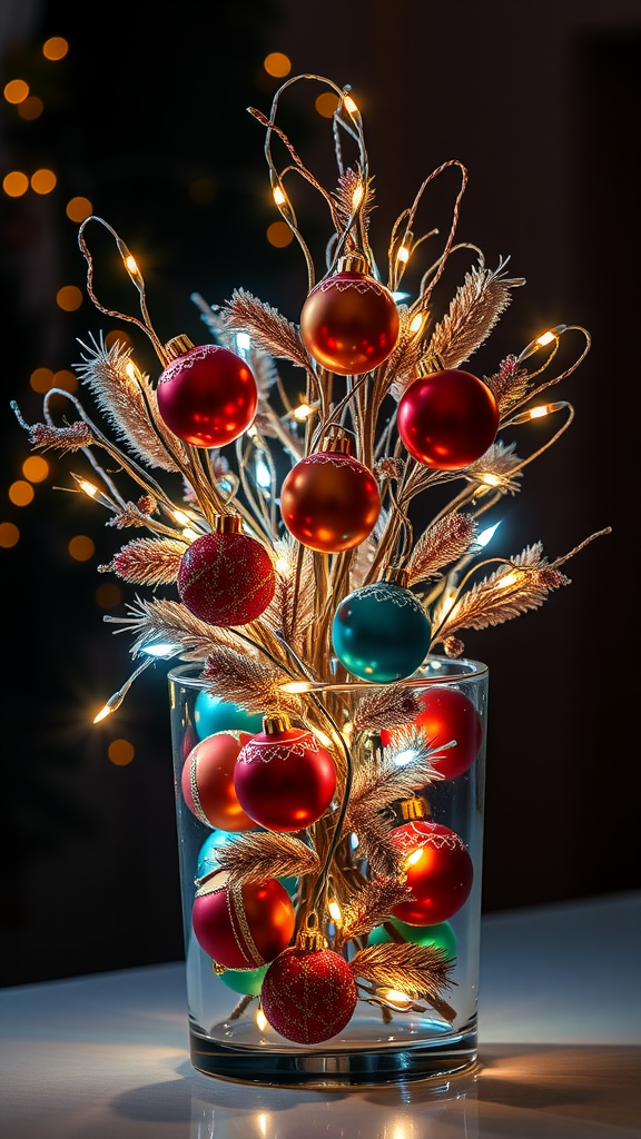 Kerststuk met kerstballen en lichtjes in een vaas. Kerst Pronkstukken in Vazen