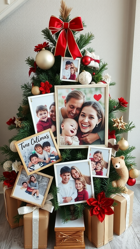 Kerstboom met foto's en decoraties. Kerst pronkstukken