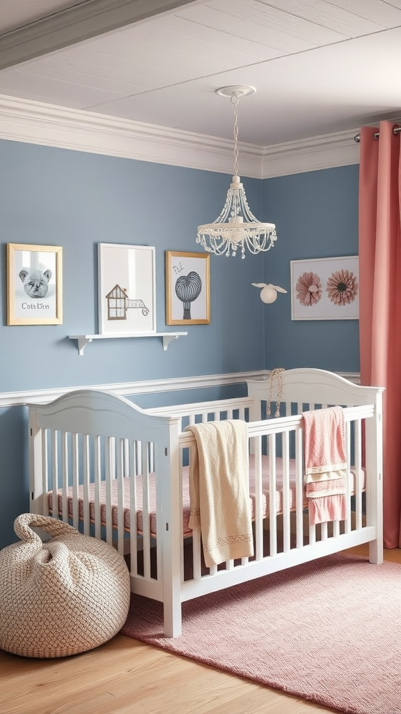 Rustige babykamer met een wit bedje, blauwe muur en decoratie