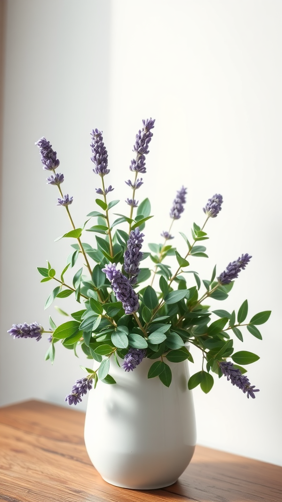 A vase filled with lavender and eucalyptus flowers, adding a serene touch to a room.