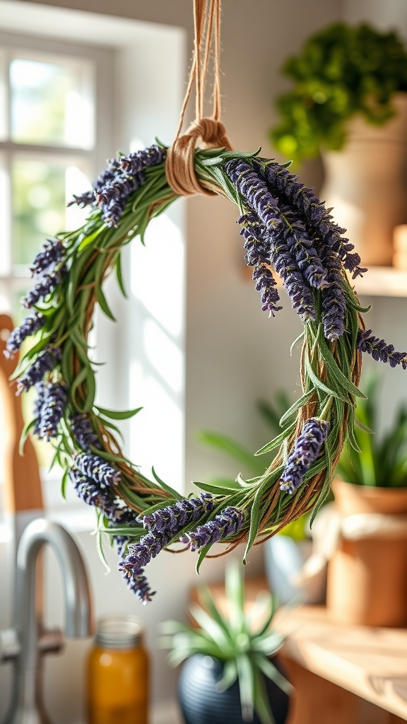 A lavender and sage herb wreath hanging indoors with sunlight illuminating its colors.