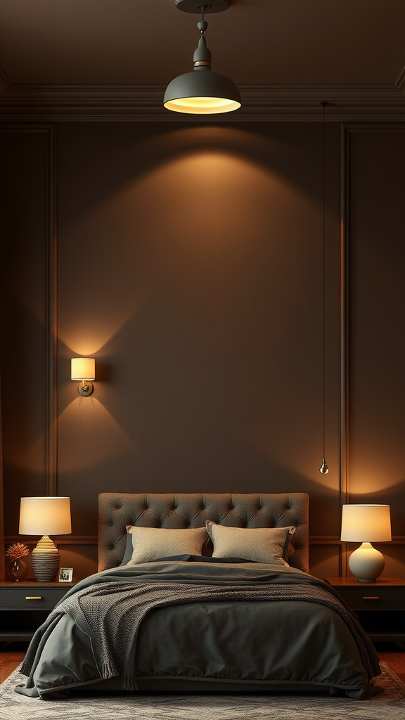 A cozy bedroom with chocolate brown walls and layered lighting. Chocolade Bruine Slaapkamer