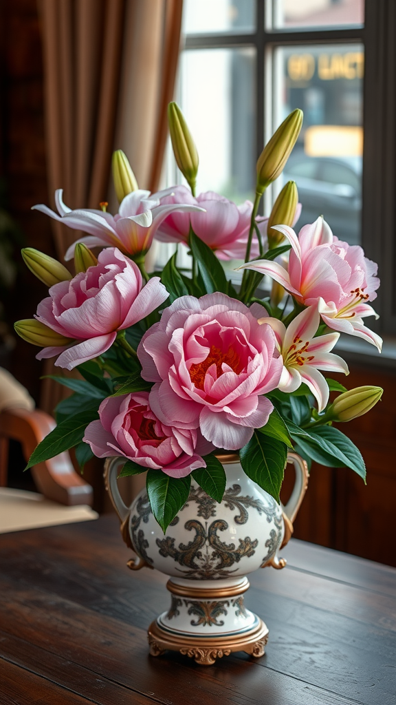 A beautiful arrangement of pink peonies and white lilies in a decorative vase.