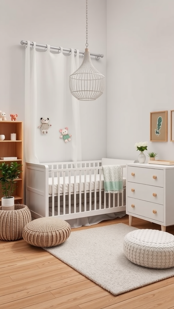 Een minimalistische babykamer met een wieg, opbergmeubel en zachte decoraties.