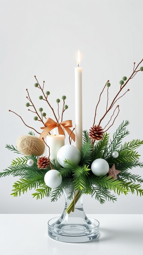 Minimalistisch kerststuk met groene planten, kaarsen en decoratieve elementen.