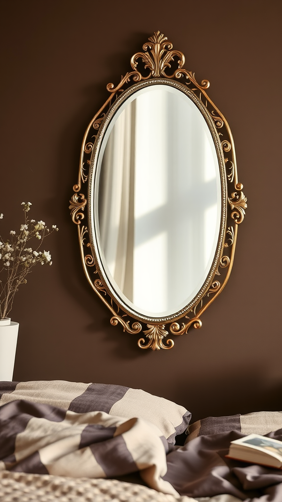 A beautifully framed mirror on a brown wall above a cozy bed with patterned bedding.