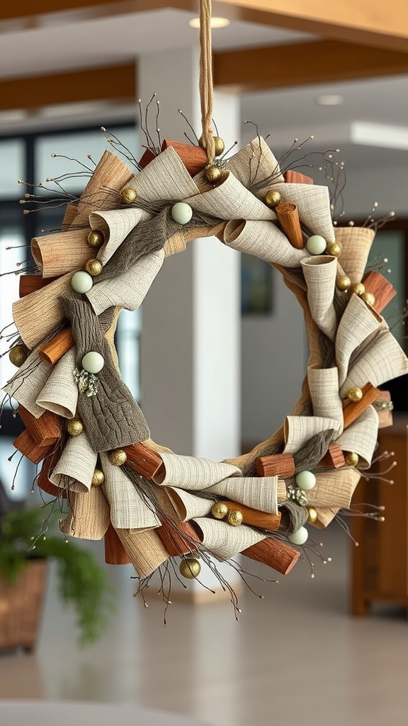 A beautifully crafted mixed media wreath featuring fabric and wood elements, adorned with decorative beads, suitable for spring decor. Voorjaars Krans 