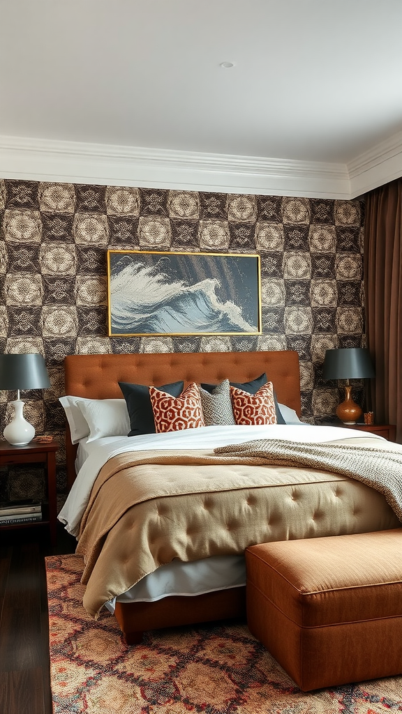 A stylish bedroom featuring chocolate brown tones, patterned wallpaper, and textured bedding.