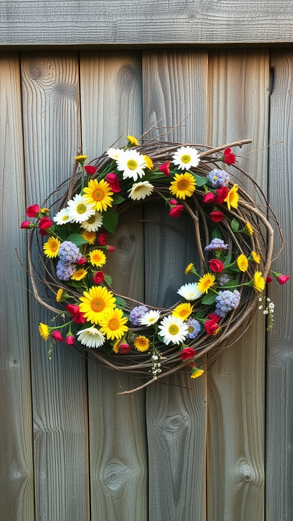 A vibrant spring wreath made of natural twigs and assorted wildflowers, displayed against a wooden background.