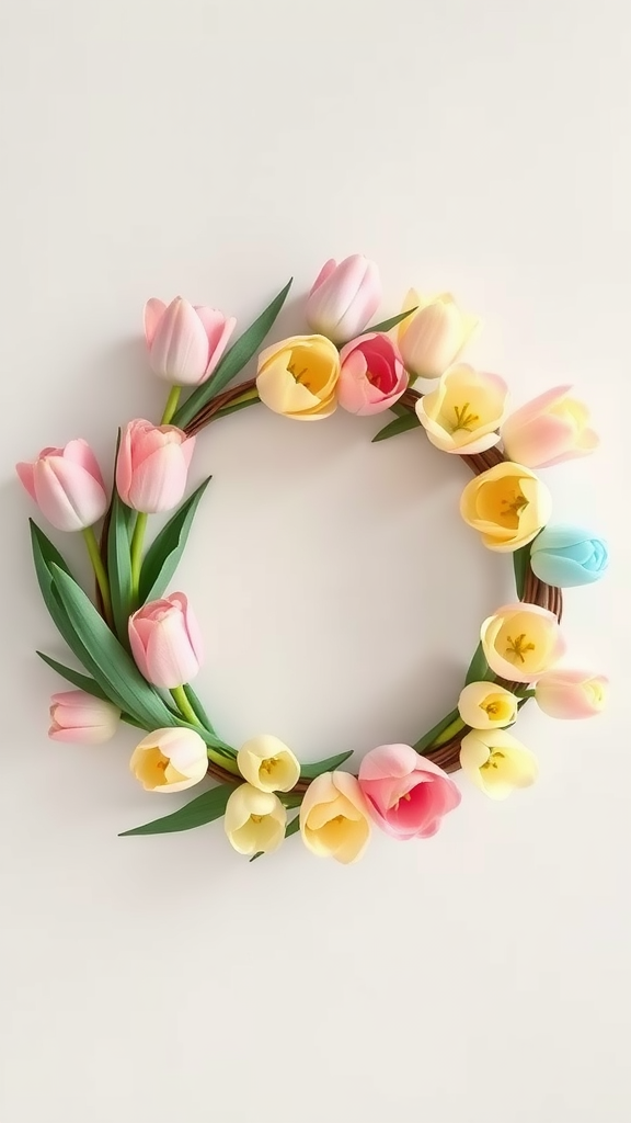 A pastel-colored wreath made with tulips in pink, yellow, and blue on a light background.