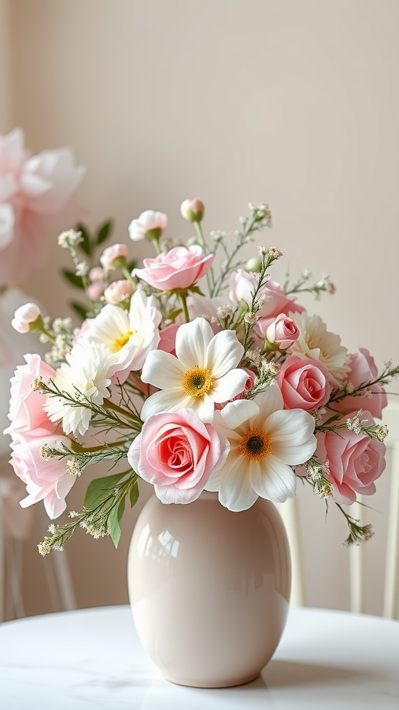 Een vaas met pastelgekleurde bloemen, inclusief rozen en madeliefjes, op een tafel.