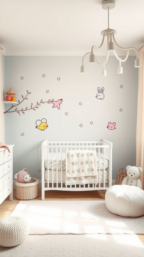 Een schattige babykamer met pastelkleuren en schattige dierenillustraties op de muren.